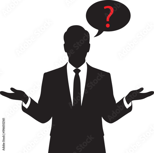 Professional businessman silhouette expressing confusion or uncertainty with a prominent question mark