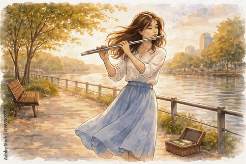 Female Street Musician Watercolor Illustration Collection in Urban Outdoor Scenes