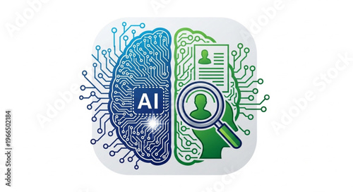 AI-Powered Human Resources - Brain, Circuitry, and Candidate Search Illustration.