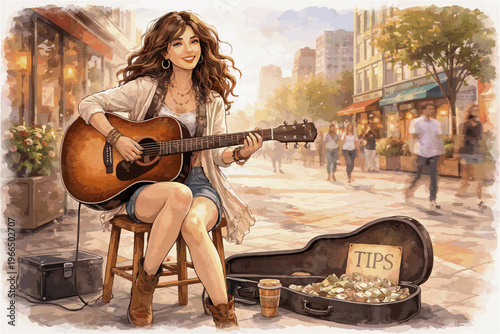 Female Street Musician Watercolor Illustration Collection in Urban Outdoor Scenes