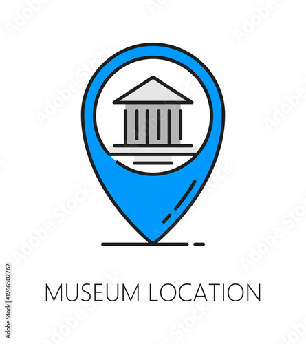Museum or art gallery exhibition color line icon of location pin, vector pictogram. Museum exhibition and art gallery icon of location pin for visitors and tourist map or plan of exposition route