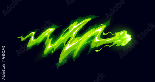 Cartoon game gun effect with zigzagging green energy trail that glows brightly, leaving a magical afterglow. Whimsical vector effect for fantasy game, enchanted weapon attack or alien technology