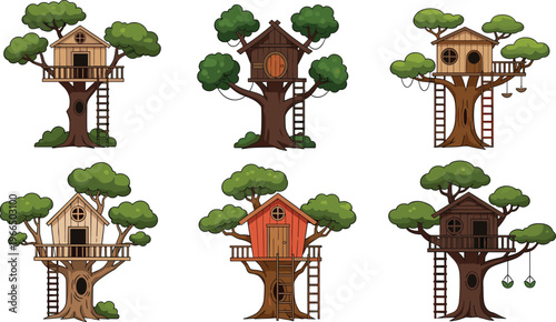 Treehouse Vector Set with Wooden Houses on Trees, Ladders and Forest Elements for Kids Adventure, Nature Design and Outdoor Illustration