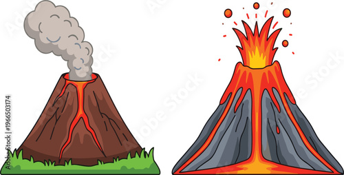 Volcano Eruption Cartoon Illustration Set Featuring Active Lava Flow, Explosive Fire Burst, and Smoking Mountain in Natural Disaster Vector Design Style.