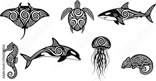 Schilderij op canvas Polynesian Style Tribal Marine Life Vector Illustrations Featuring Manta Ray Sea