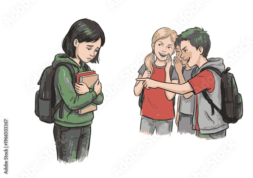 bullying drawing, A cartoon illustration of a lonely schoolgirl being bullied by her classmates