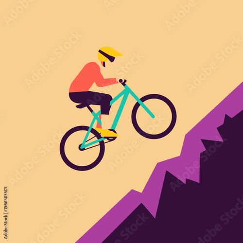Minimalist flat design illustration of a mountain biker riding on a jagged mountain