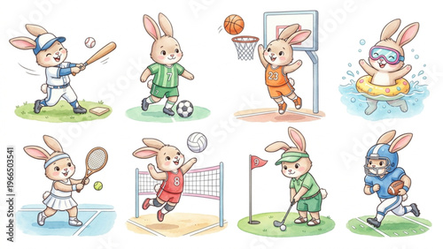  Set of funny cartoon cute Rabbit animals in playful sports vector style featuring smiling characters for kids toy illustration collection