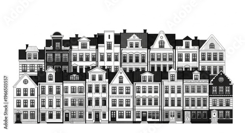 Black and White Illustration of Historic European Townhouses Facades.