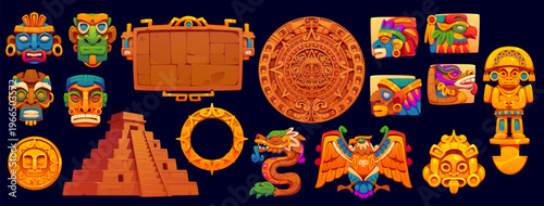 Aztec Inca Maya mexican game icons, vector UI asset. Cartoon stone sign board frame, icons and buttons with ancient pyramid, mayan totem masks and gold coins. Aztec civilization game icons set