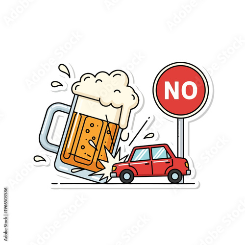 Don't Drink and Drive Concept Illustration with Beer Mug Crashing into a Car