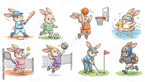  Set of funny cartoon cute Rabbit animals in playful sports vector style featuring smiling characters for kids toy illustration collection