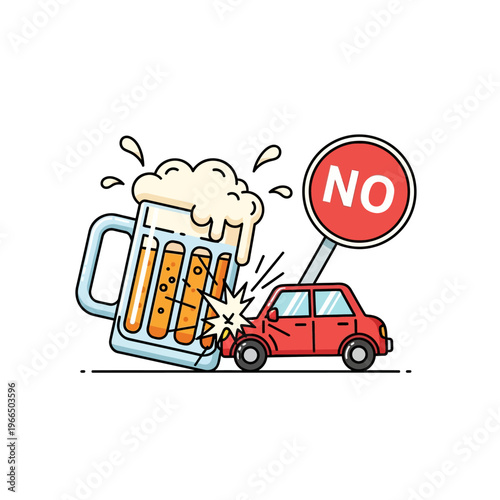 Anti-Drunk Driving Concept Illustration with Beer Mug Crashing into a Red Car