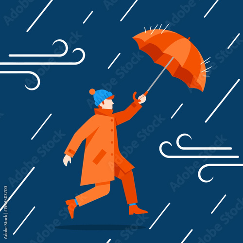 Man in Orange Raincoat Struggling Against Wind and Rain Illustration