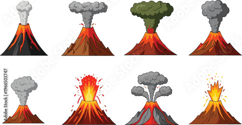 Volcano Eruption Cartoon Set Featuring Different Explosion Styles with Lava Flow, Smoke Clouds, and Fire Bursts in Natural Disaster Vector Illustration Design.