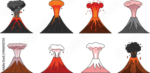 Volcano Eruption Cartoon Set Featuring Different Lava Explosion Styles with Smoke Clouds, Ash, and Mountain Forms in Educational Vector Illustration Design.