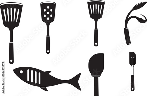 A set of black vector silhouettes featuring various kitchen spatulas, turners, and a fish-shaped utensil isolated on a white background.