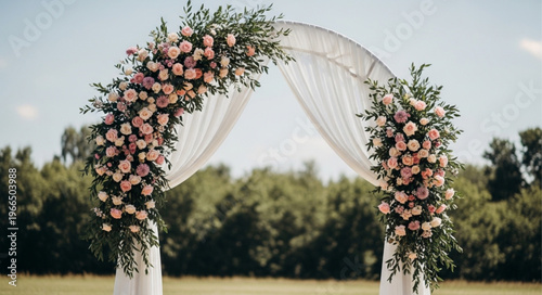 Beautifully Decorated Wedding Archway with Flowers and Draping Fabric.