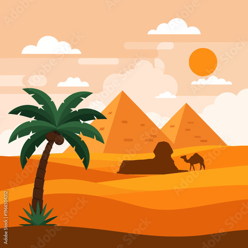 Minimalist Flat Vector Illustration of Giza Pyramids and Sphinx in Egyptian Desert