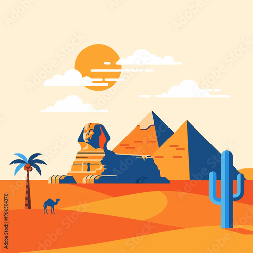 Flat Vector Illustration of the Great Sphinx and Pyramids of Giza in an Egyptian Desert Landscape