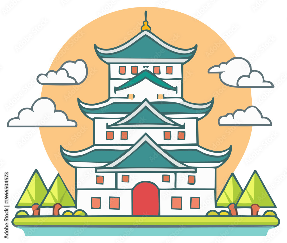 Obraz premium Traditional Japanese castle vector illustration with a scenic landscape and sun