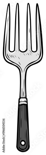 Cartoon style kitchen tool gray carving fork with dark handle and four prongs for cooking