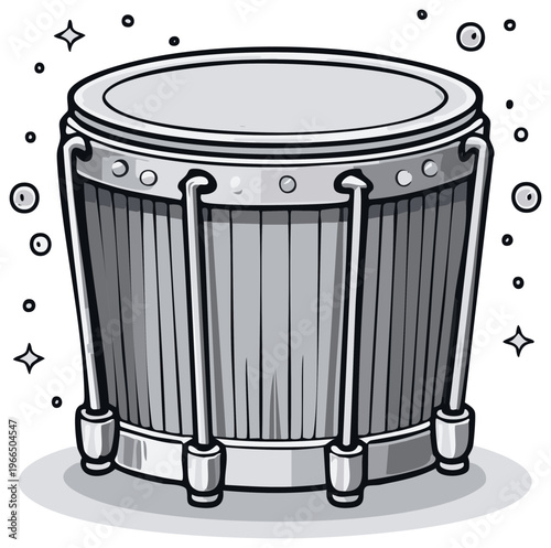 Black and white cartoon style illustration of a conga drum with decorative sparkles and circles