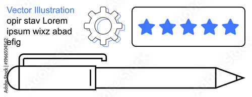 Business reviews, writing, productivity, feedback, evaluation, rating systems. A pen, a gear icon and a five-star review. Business reviews and productivity concept