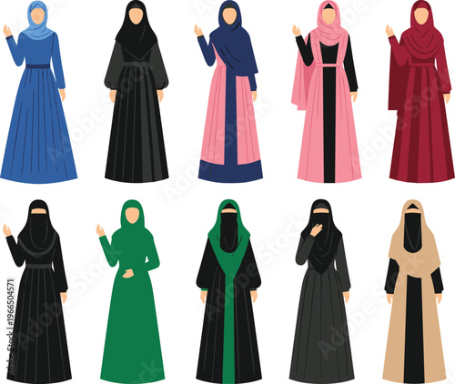 Muslim Women Modest Fashion Vector Set with Abaya, Hijab and Niqab Styles in Different Colors for Islamic Clothing and Cultural Illustration