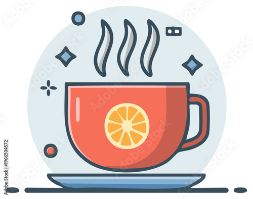 Steaming cup of citrus tea illustration, vector graphic with a cozy and warm feel