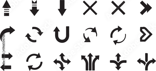 A set of eighteen black minimalist vector arrow icons featuring various directions, curves, loops, and navigation symbols isolated on a white background.