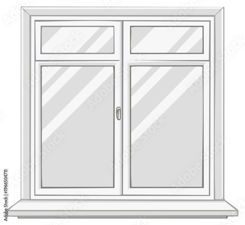 Illustration of double hung window with window sill and transparent glass panes, view of closed window.