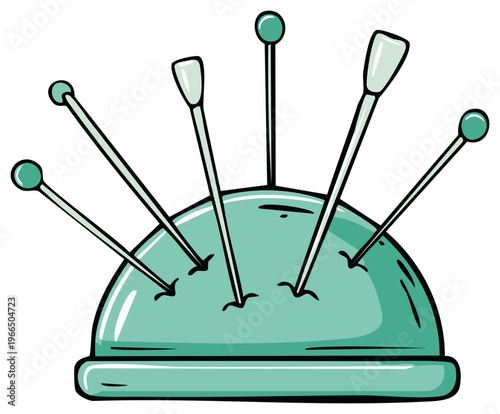 Simple cartoon illustration of a teal dome pincushion with sewing pins for needlework.
