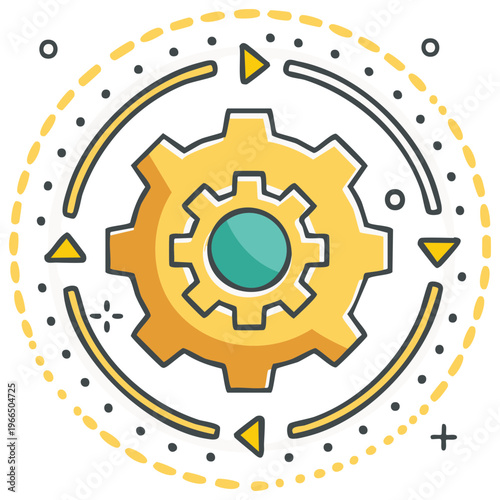 Gear mechanism rotation concept with arrows and dotted circle emphasizing ongoing process and workflow dynamics for efficient project management