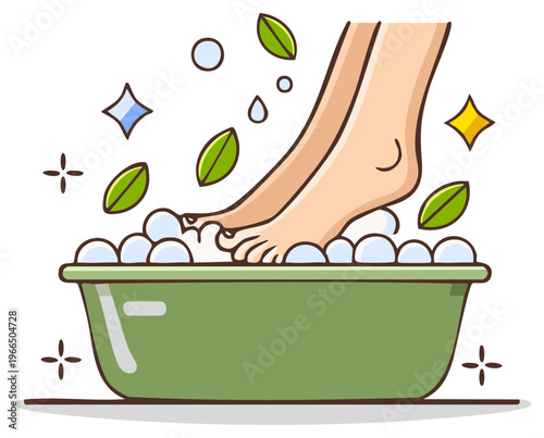 Person's foot bathing in a tub of bubbles with green leaves