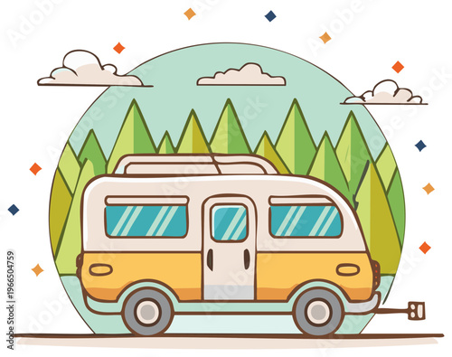 Whimsical camper trailer on a road trip adventure through a mountain forest landscape illustration