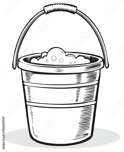Classic cleaning bucket with soapy water black and white drawing