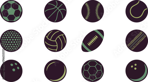 A collection of various sports balls including soccer, basketball, baseball, tennis, golf, volleyball, football, cricket, and bowling.