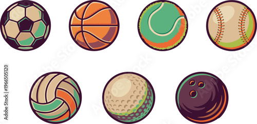 A collection of various sports balls including soccer, basketball, tennis, baseball, volleyball, golf, and bowling, depicted in a retro flat design style.