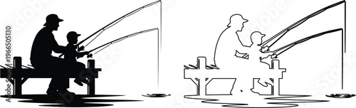 Man teaching child how to fish from a dock illustration