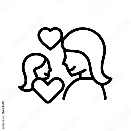 Mother and daughter icon, line art illustration of parent and child love