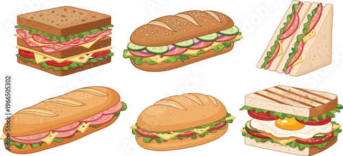 Sandwich Vector Set with Submarine, Club Sandwich and Filled Bread Variations for Fast Food Menu, Cafe Design and Delicious Meal Illustration