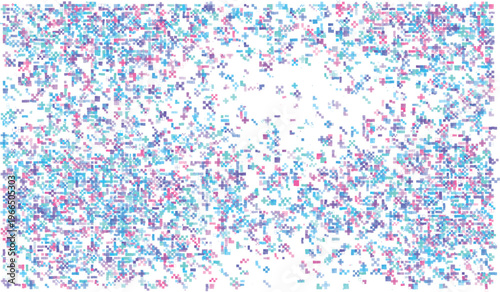 Scattered small squares and plus shapes in pastel blue purple and pink hues abstract background