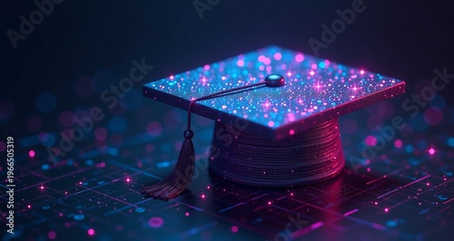 Abstract 3D Digital Graduation Cap Glowing On Dark