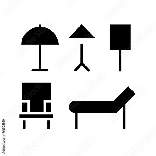 Set of simple black icons for beach furniture and accessories