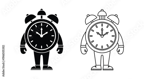 Two anthropomorphic alarm clocks one black and one white depicted as a silhouette