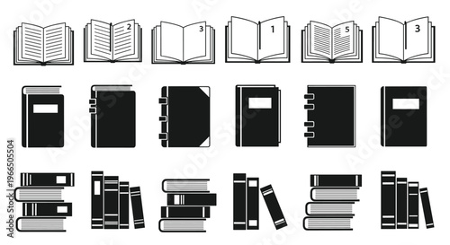 Colorful flat vector icon set of open and closed books, notebooks, and stacked library volumes on white
