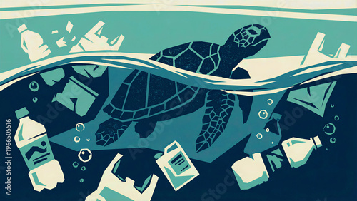 A graphic illustration captures a majestic sea turtle swimming gracefully through a dangerously polluted ocean, surrounded by an abundance of discarded plastic bottles, bags, and various harmful