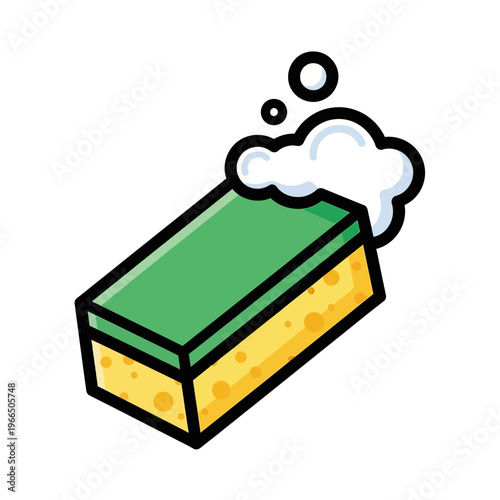 Green and yellow cleaning sponge with soap bubbles