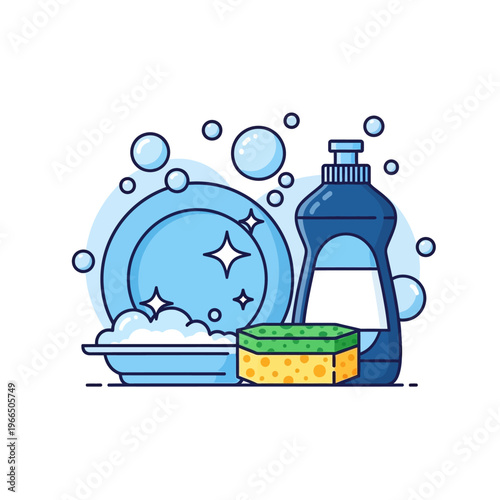 Dishwashing supplies: clean plate, sponge, soap bottle, and foam bubbles